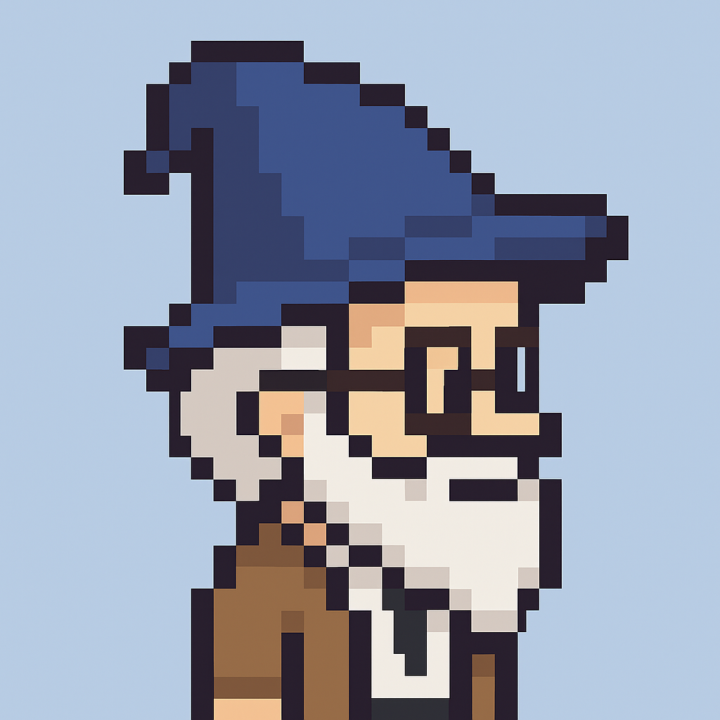 8-bit chibi pixel art researcher agent with wizard hat and white beard