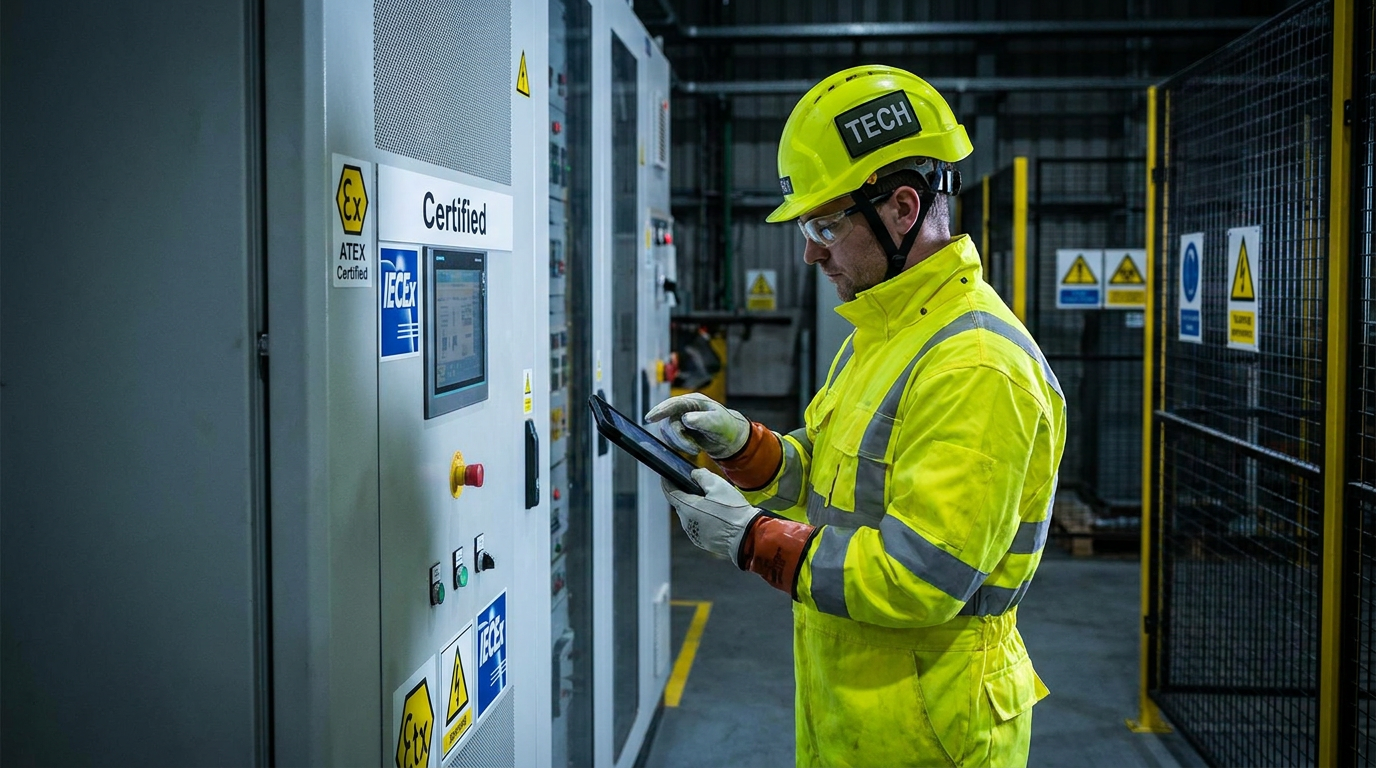 A technician working on a control panel with ATEX vs IECEx certification