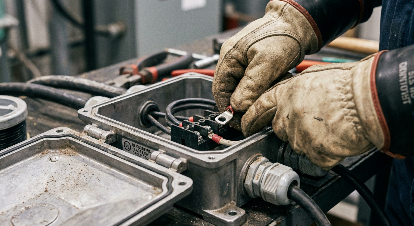 A close-up shot of a contractor's hands, wearing safety gloves, carefully making a certified electrical connection on a piece of explosion-proof equipment.