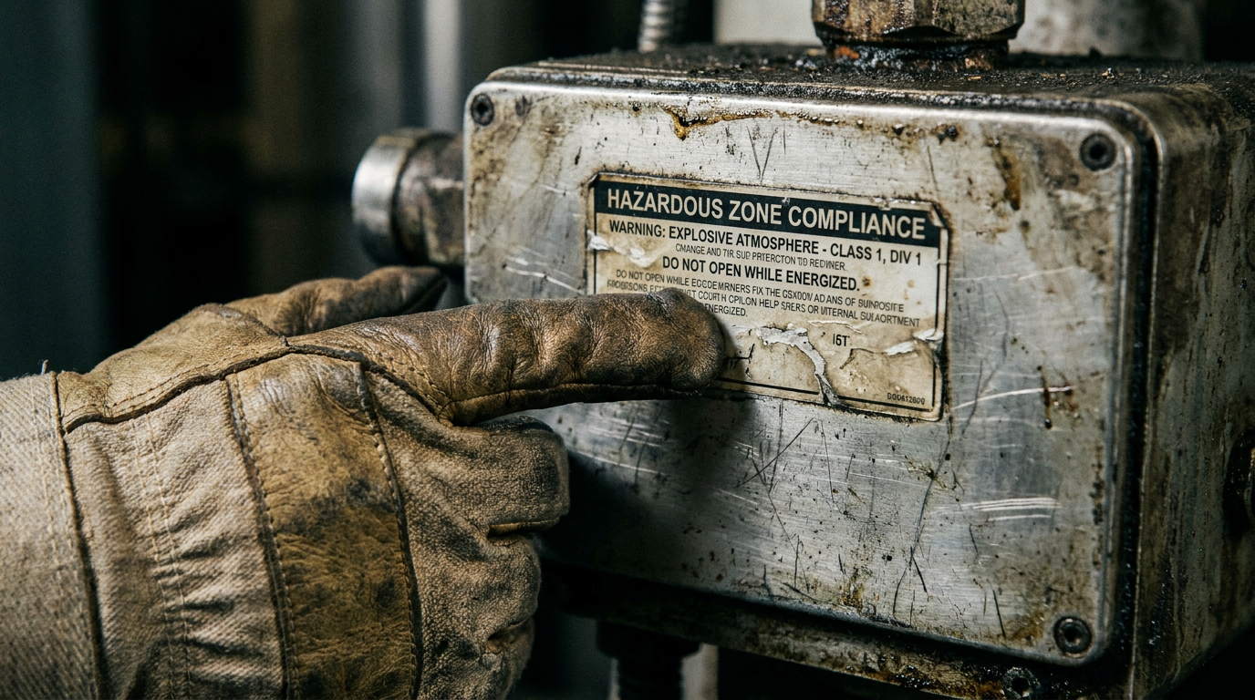 A close-up of a gloved hand pointing to a hazardous zone compliance sticker on a piece of industrial equipment.