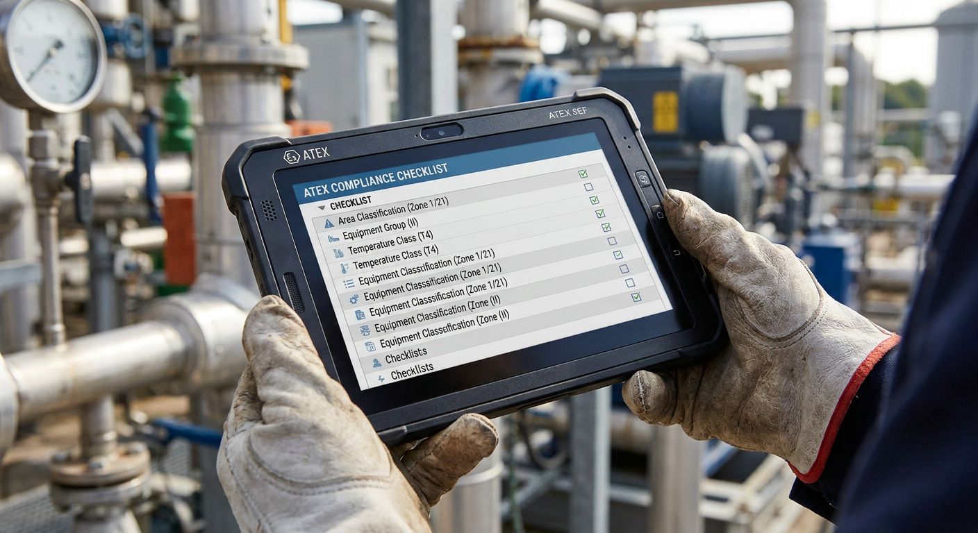 A close-up shot of a technician's hands holding an intrinsically safe tablet with a checklist for ATEX compliance.
