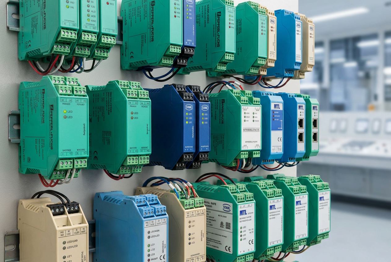 A close-up of various intrinsically safe barriers mounted on a panel.