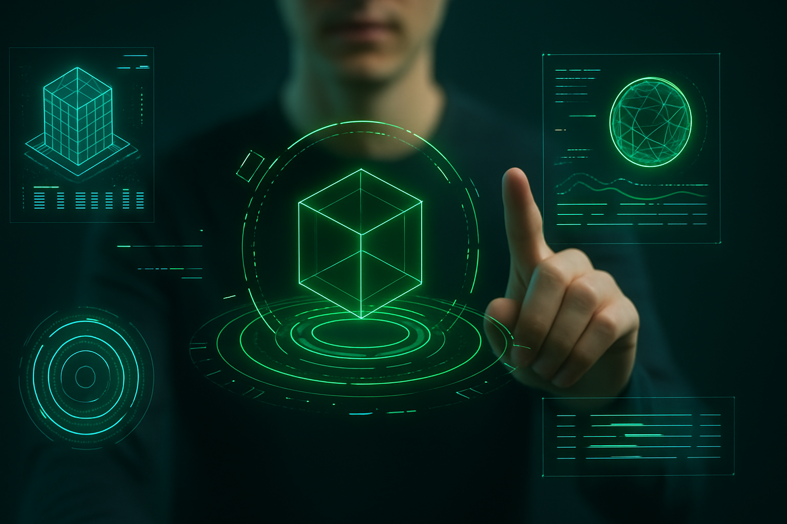 Visualización de tecnología de realidad aumentada con interfaces digitales y elementos holográficos