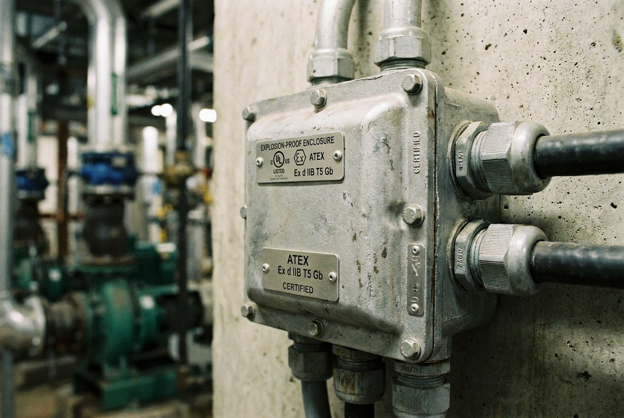 A close-up of a certified explosion-proof junction box in a hazardous area.