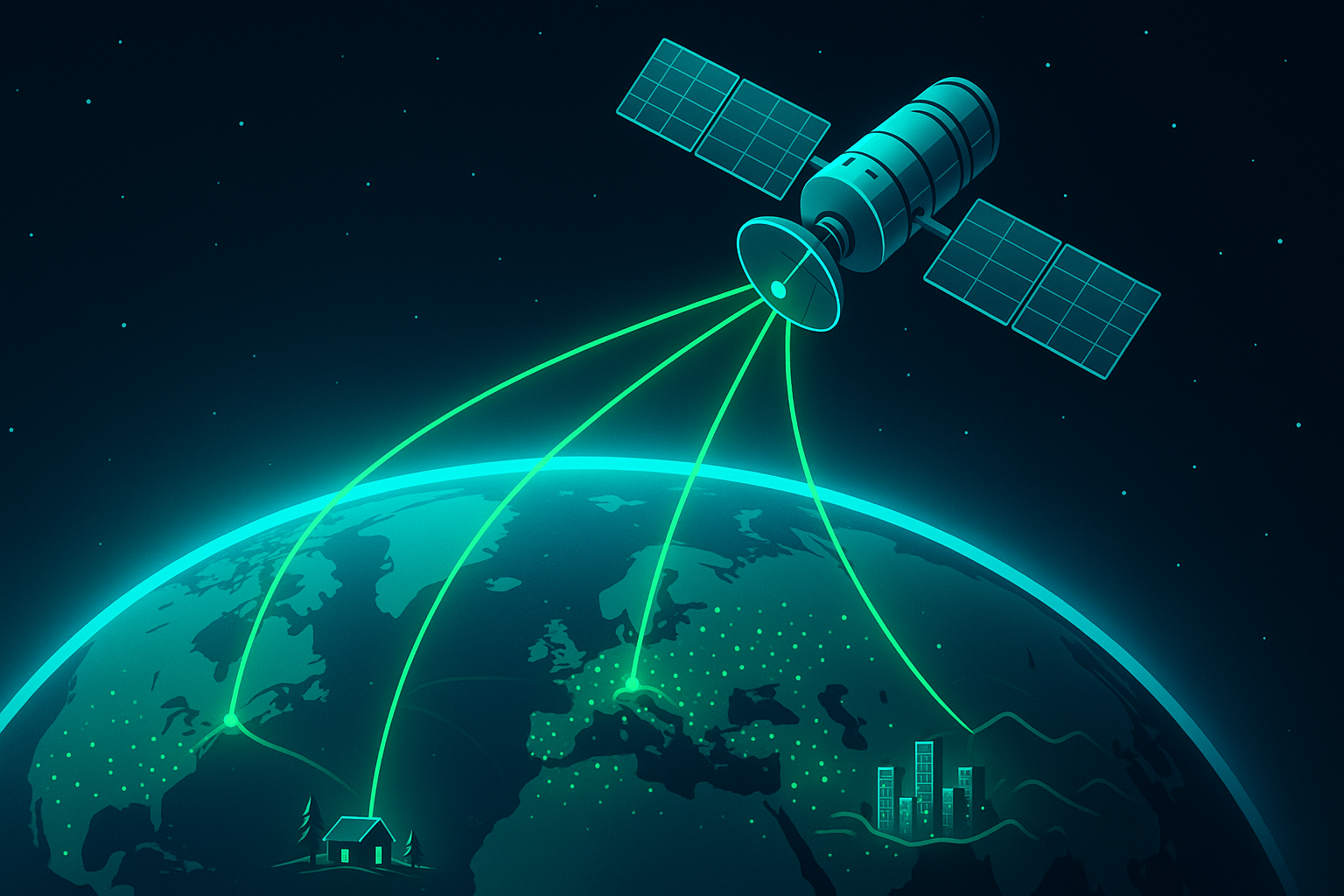 Satélite de conectividad global orbitando la Tierra con señales de internet