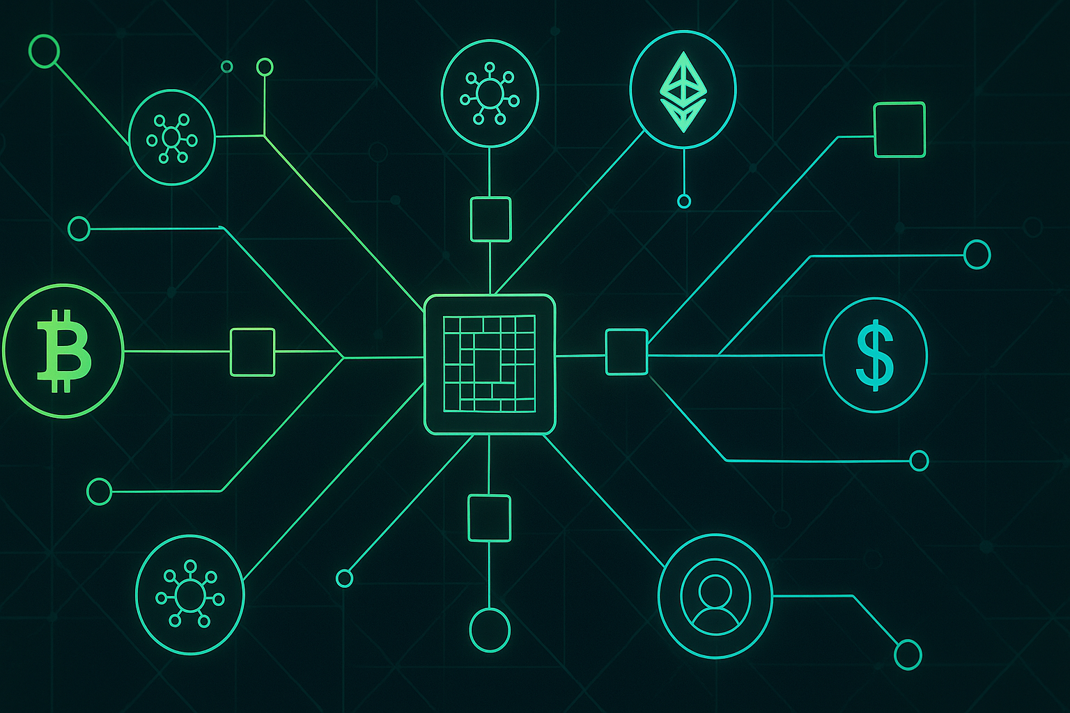Visualización de tecnología blockchain con nodos interconectados y tokens digitales