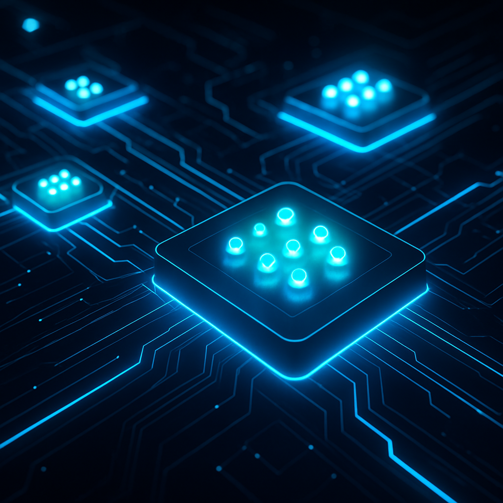 Visualización de computación cuántica con procesadores cuánticos y qubits brillantes