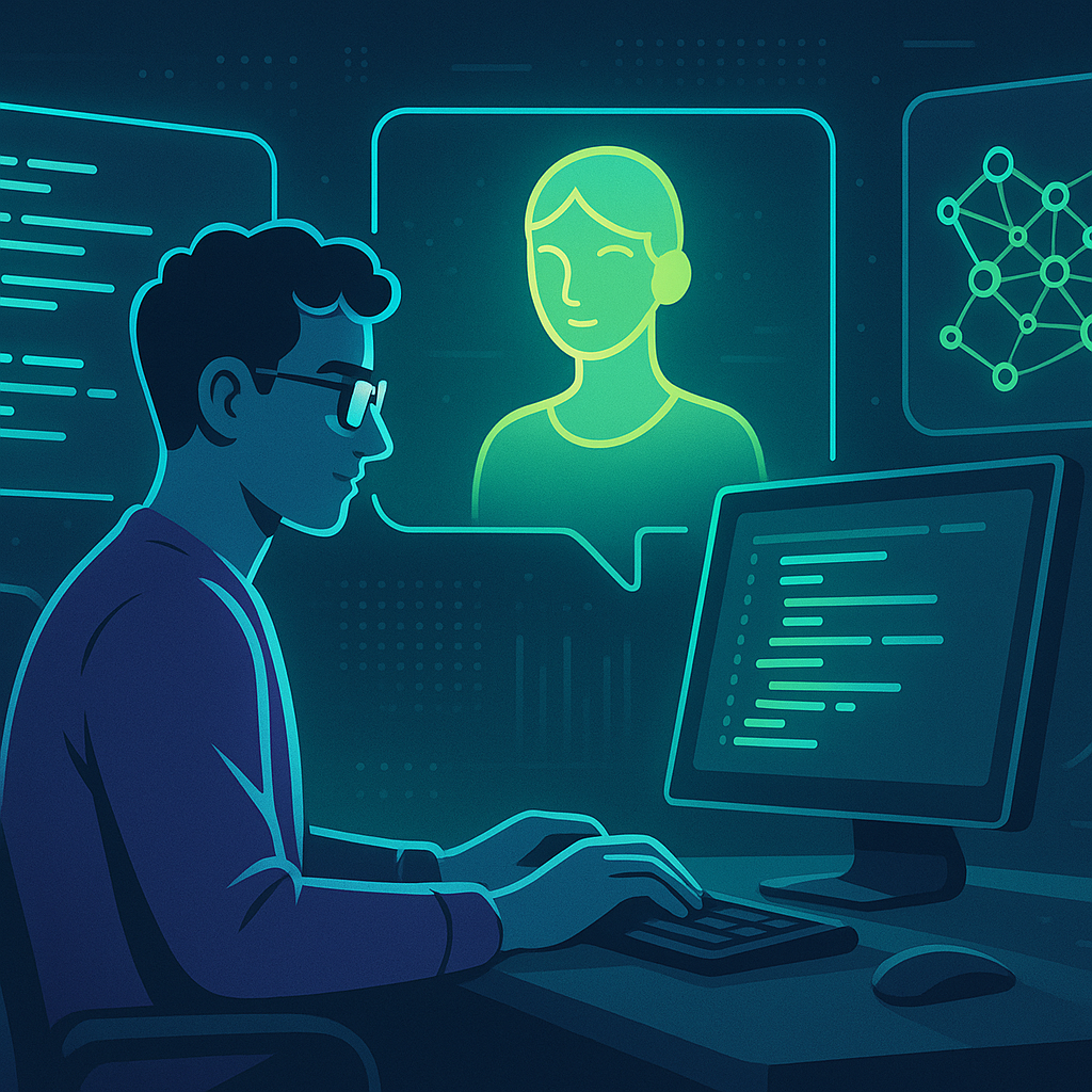 Desarrollador trabajando con asistentes de IA y copilots de código