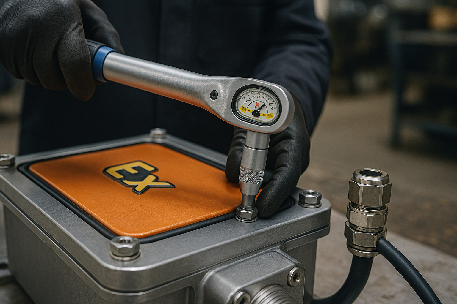 Technician using a torque wrench on battery compartment