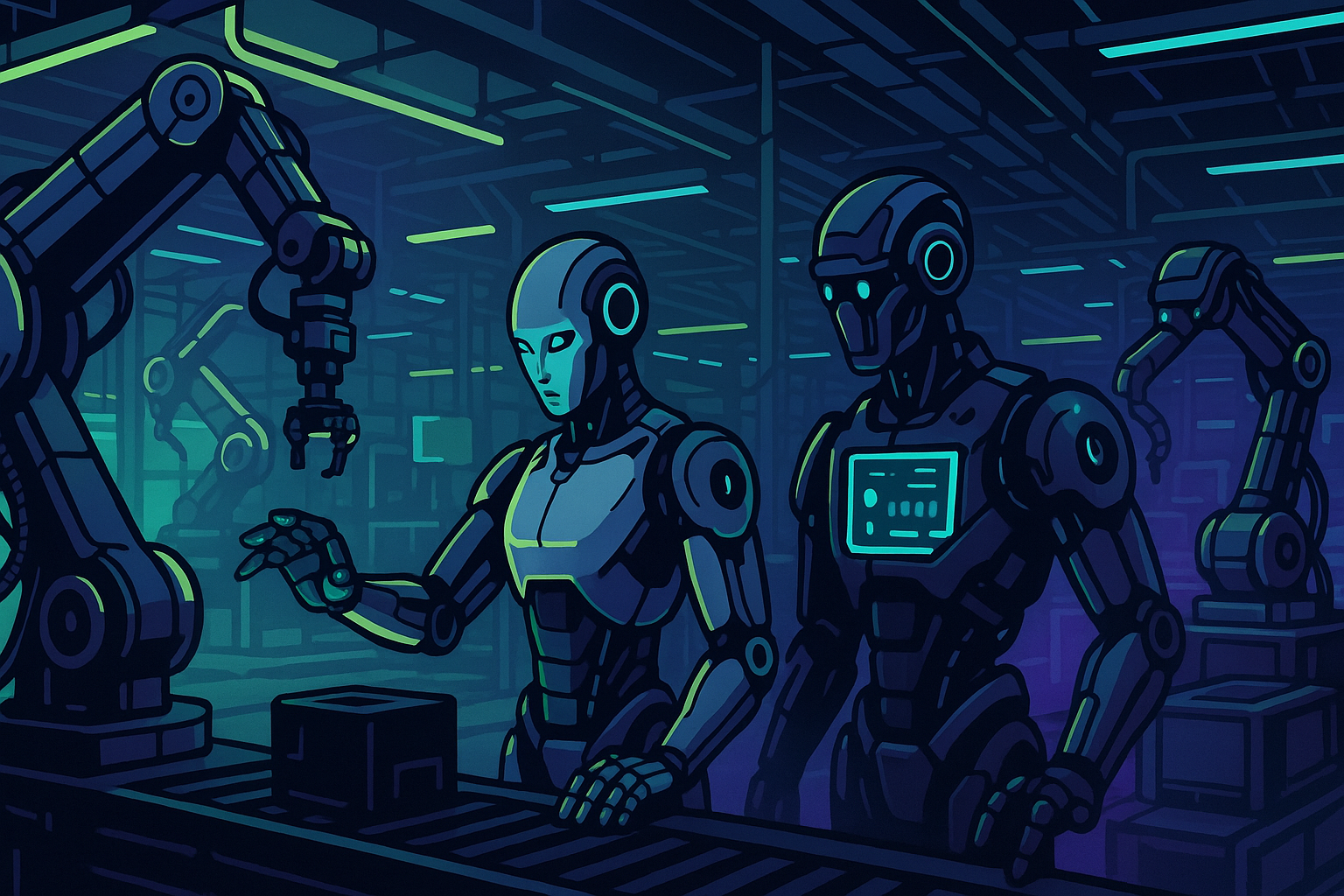 Robots con IA física en entorno industrial moderno