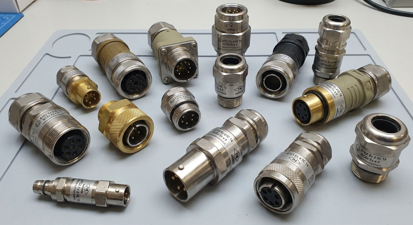 A close-up, photorealistic image showcasing a variety of certified connectors for hazardous areas.