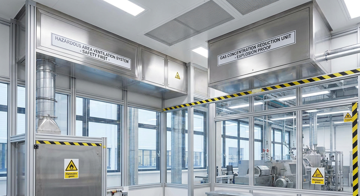 A detailed shot of a new, modern ventilation system installed in a hazardous area.