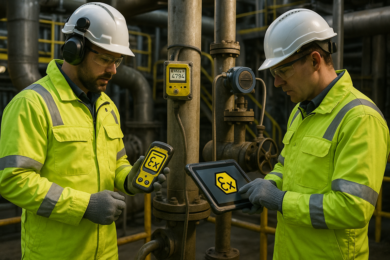 Workers using intrinsically safe devices in a hazardous environment