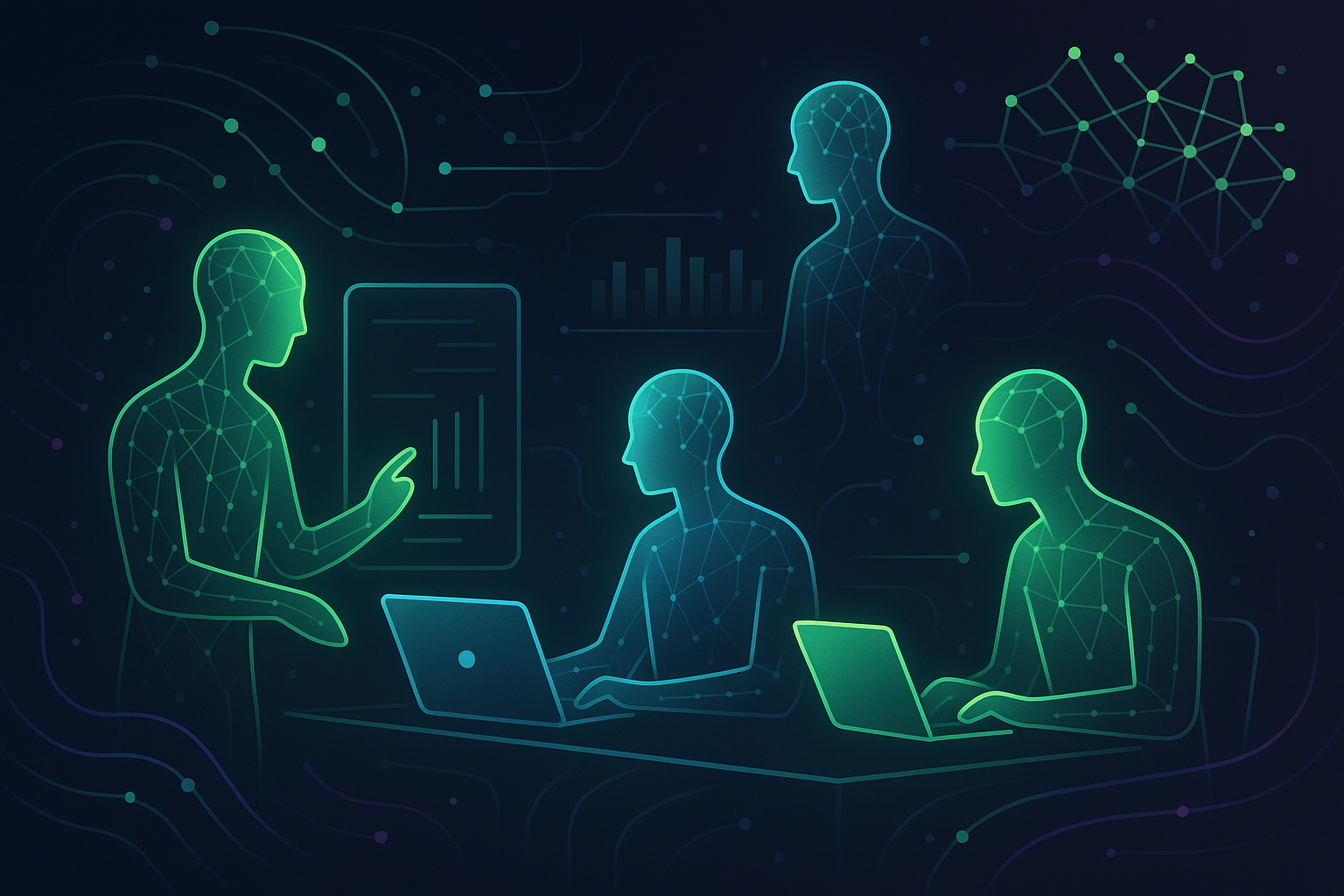 Agentes de IA autónomos colaborando en un entorno digital futurista