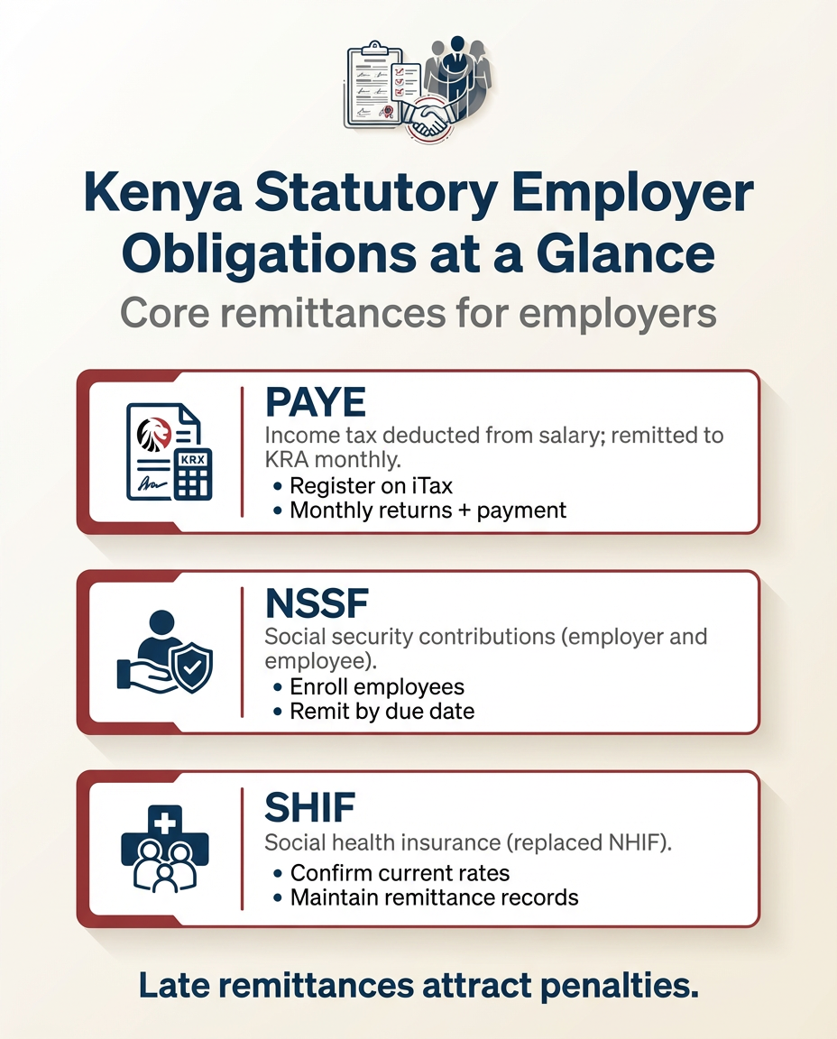 Kenya statutory employer obligations showing PAYE, NSSF and SHIF requirements at a glance