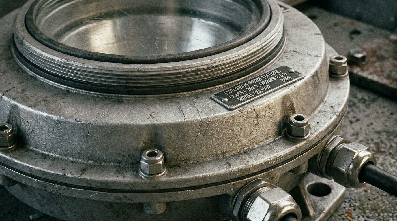 A close-up of the durable construction and sealed components of a Class 1 Division 1 explosion proof lighting fixture