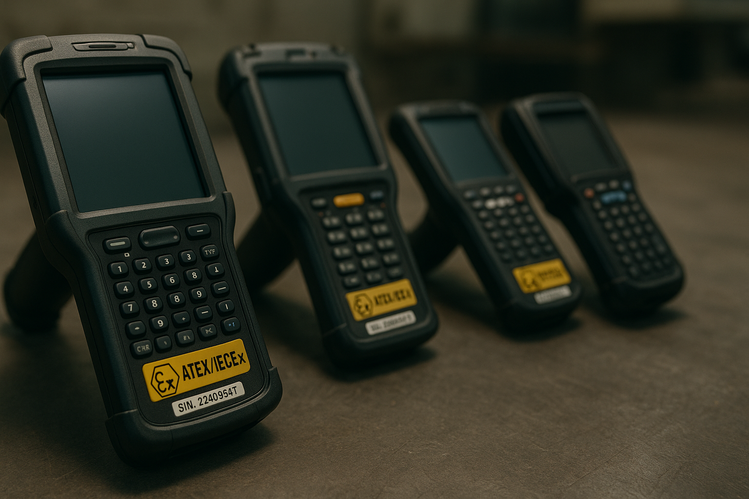 ATEX-certified handheld terminals on a workbench with ATEX labels visible