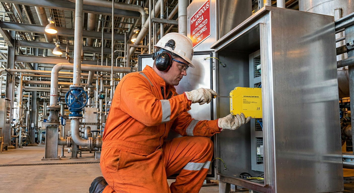 An engineer installing an intrinsically safe barrier in a control cabinet