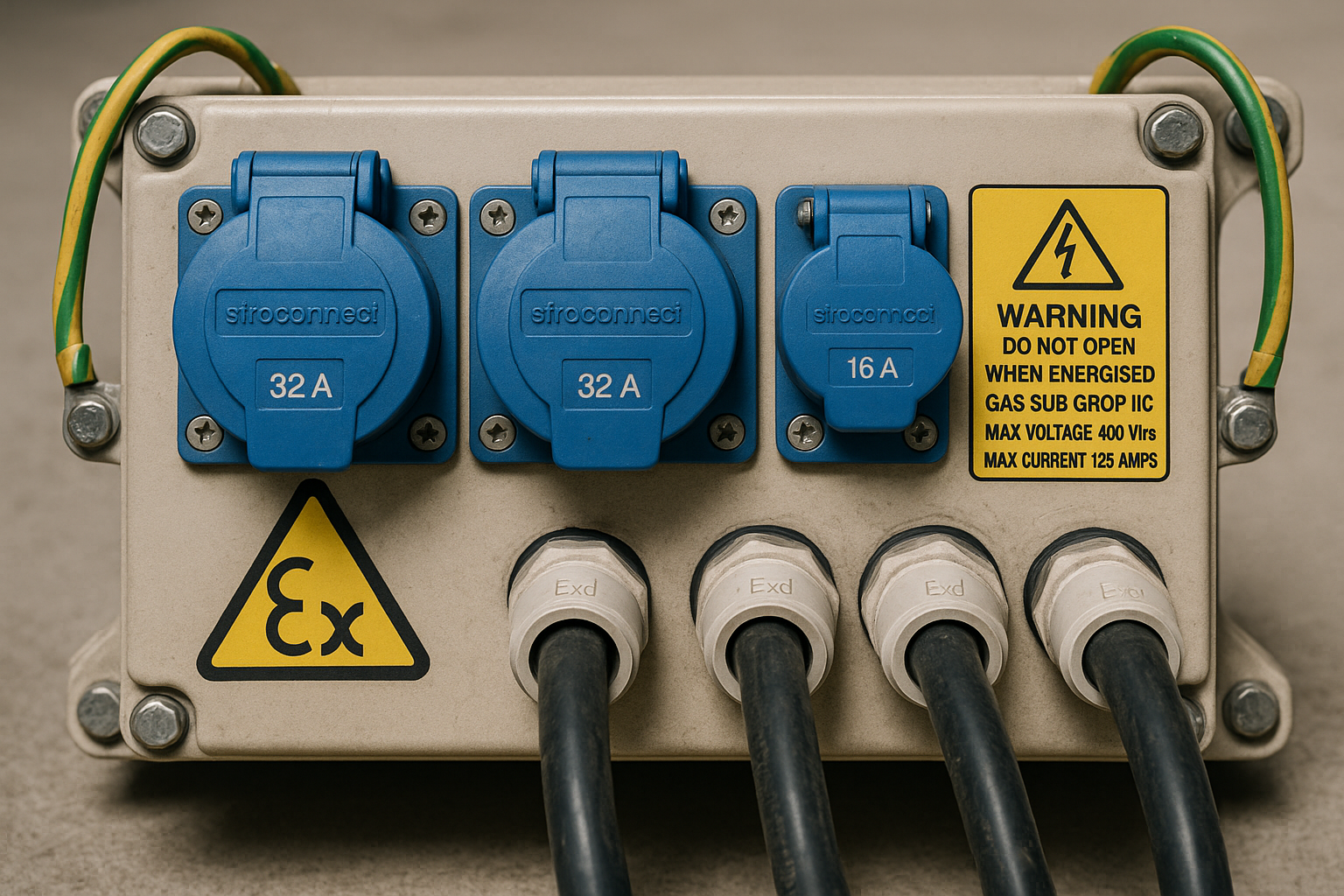 Close-up of Ex-rated temporary distribution panel showing grounding straps and cable glands