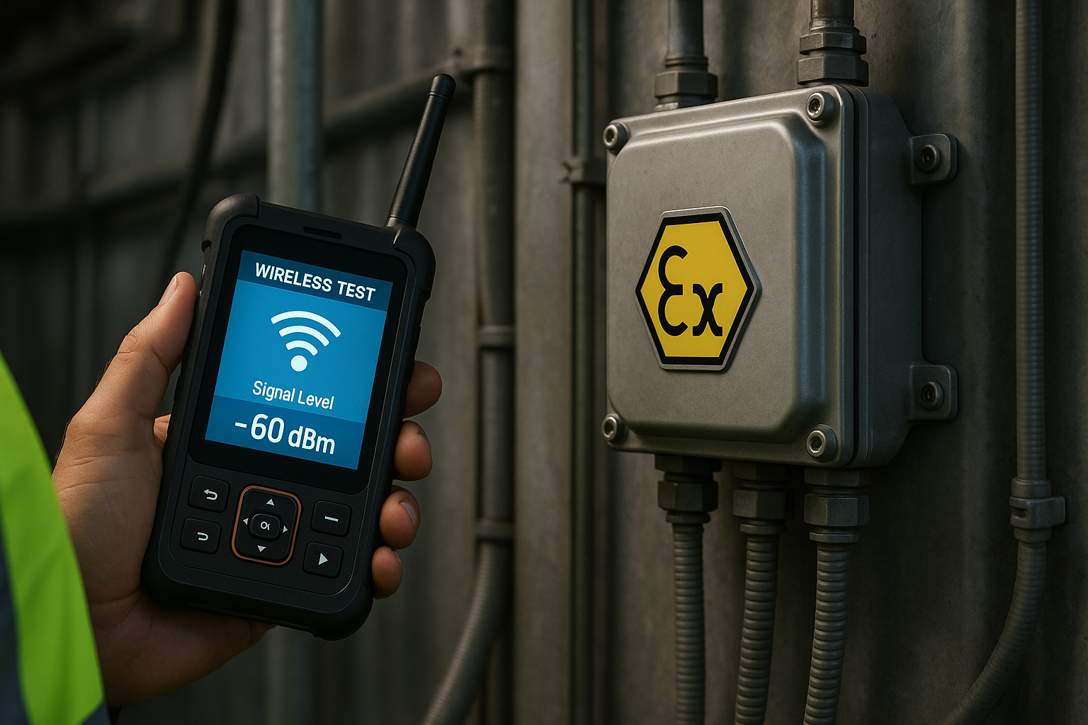 Technician testing an Ex-certified wireless access point with handheld tester