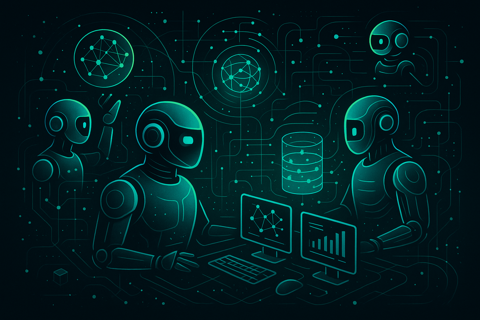 Agentes autónomos de IA colaborando en un ecosistema digital