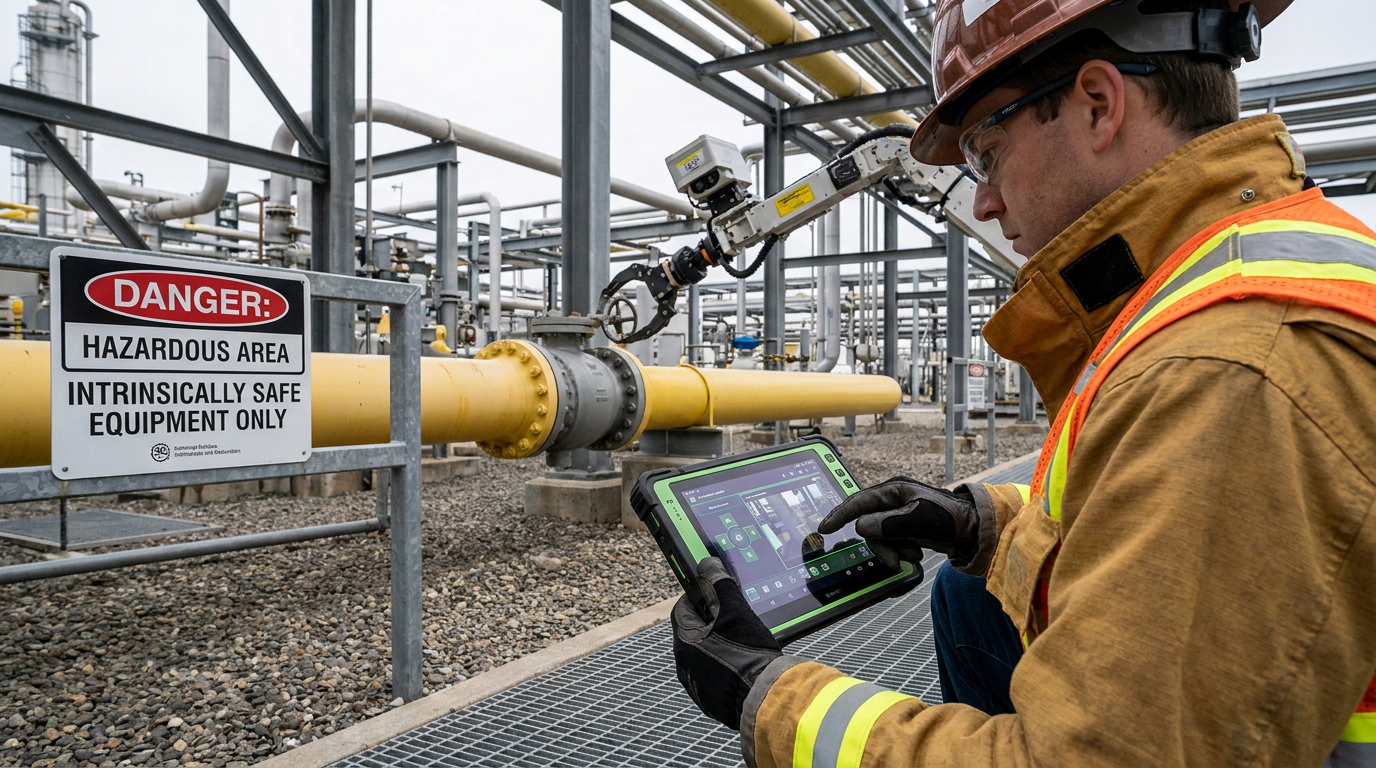 A field engineer using an intrinsically safe tablet to control a robotic arm in a hazardous industrial setting.