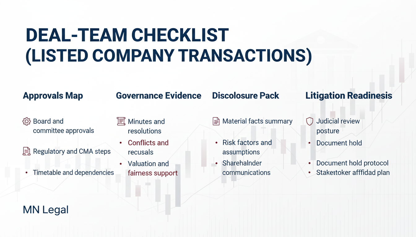 Deal-team checklist for listed-company transactions (approvals, governance, disclosure, litigation readiness)