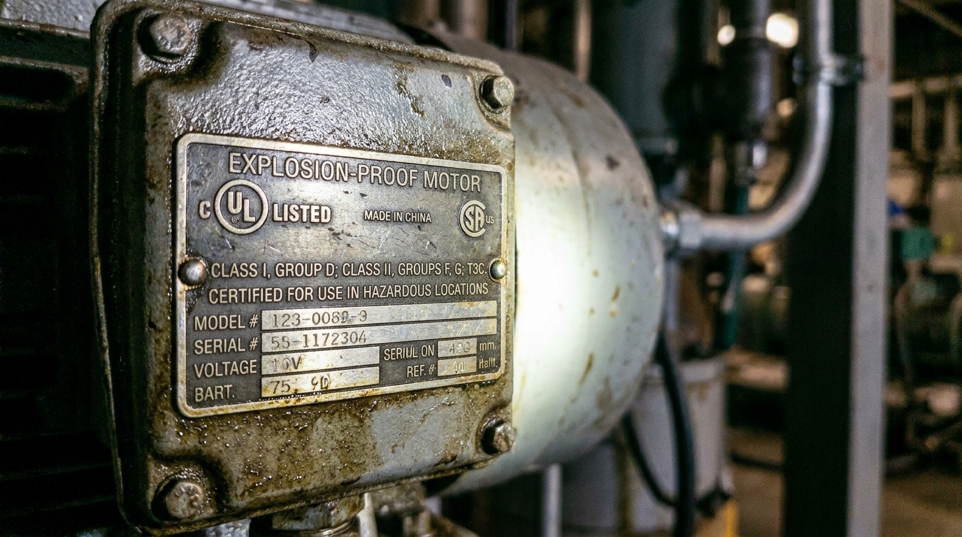 A close-up of the certification markings on an explosion-proof enclosure.