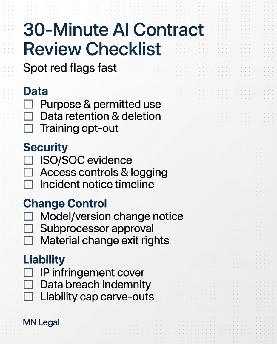 30-minute AI vendor contract review checklist covering data, security, change control, and liability