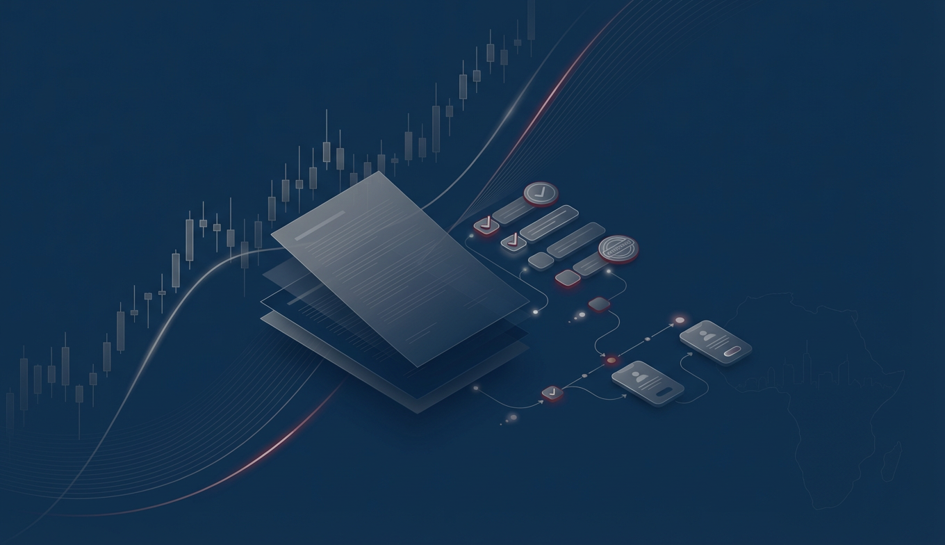 Abstract capital markets licensing and legal-tech compliance graphic (no logos)