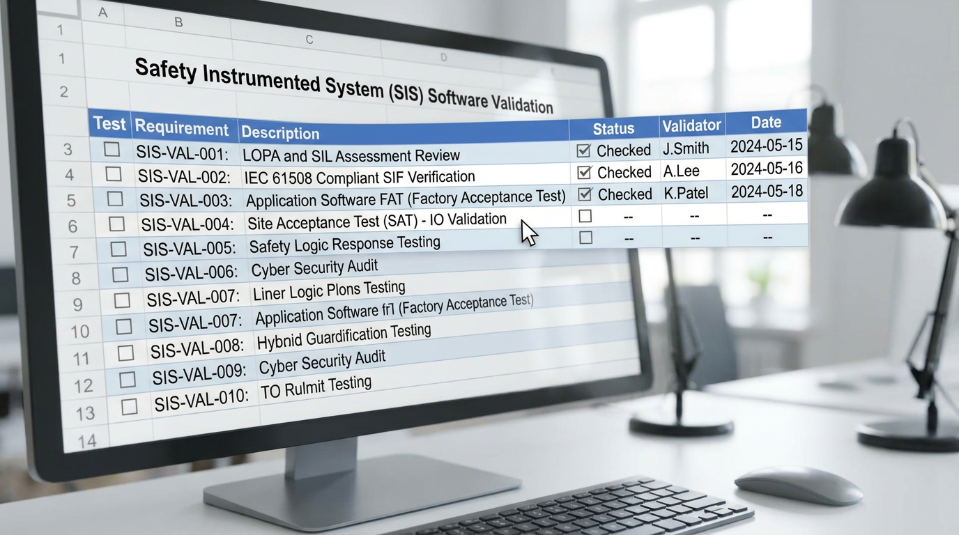 A close-up of a software validation checklist for a Safety Instrumented System (SIS).