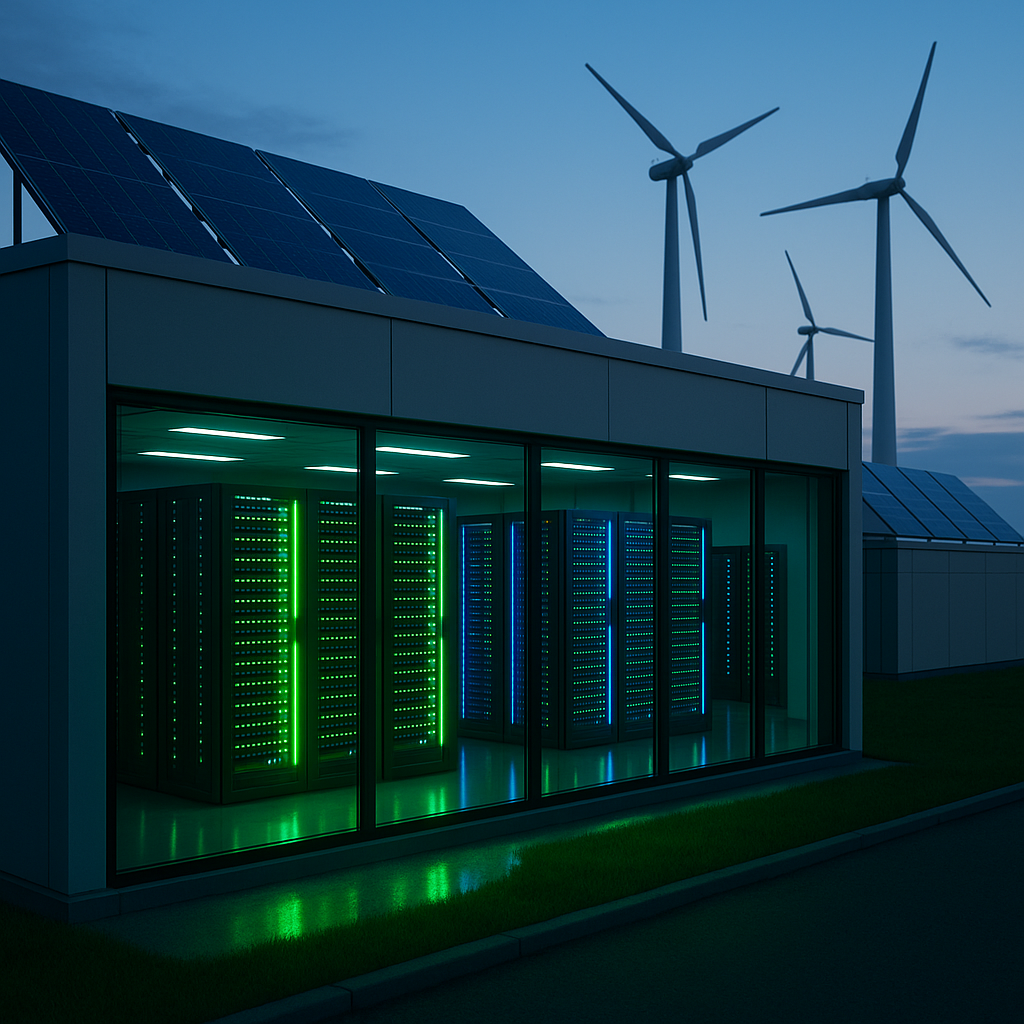 Data center moderno con infraestructura de energía verde, paneles solares y turbinas eólicas