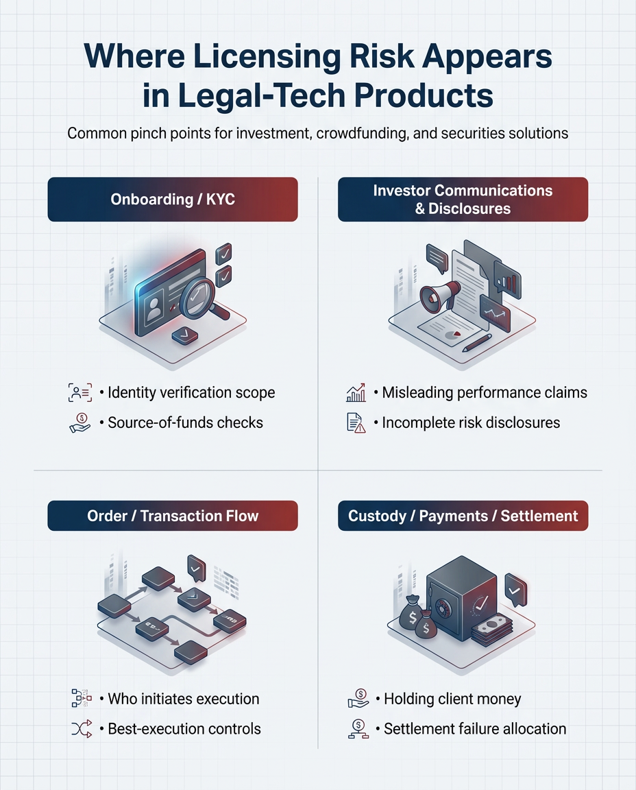 Where licensing risk appears in legal-tech products (onboarding, disclosures, transaction flow, custody)
