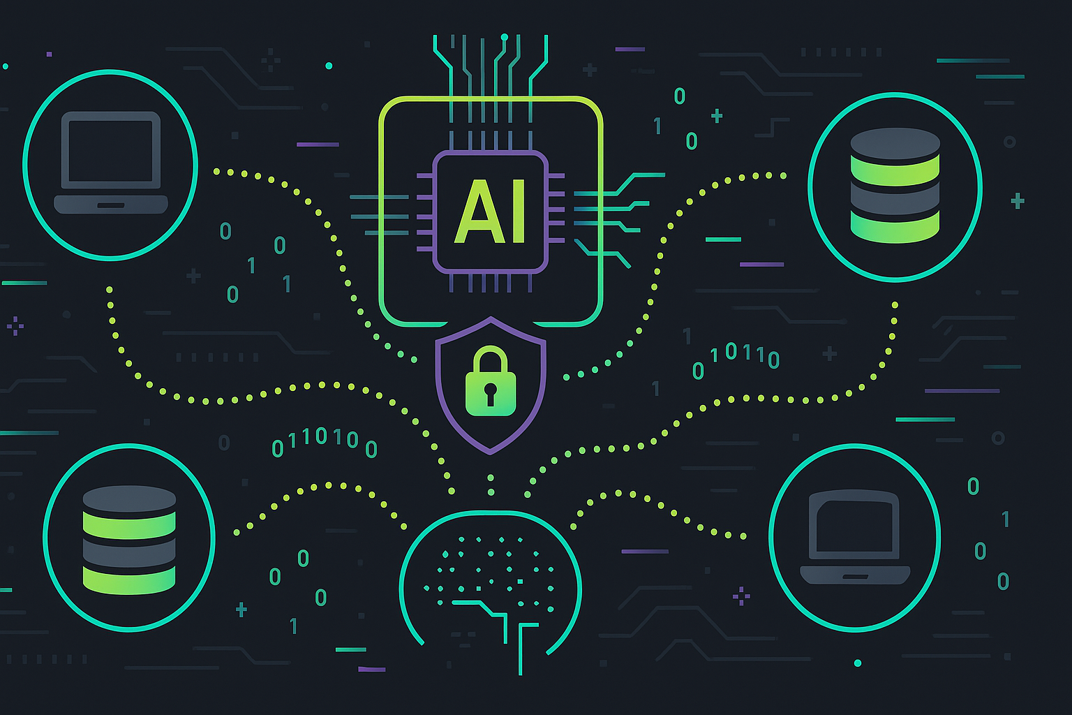 Ilustración de aprendizaje federado y IA que preserva la privacidad con nodos distribuidos conectados en red