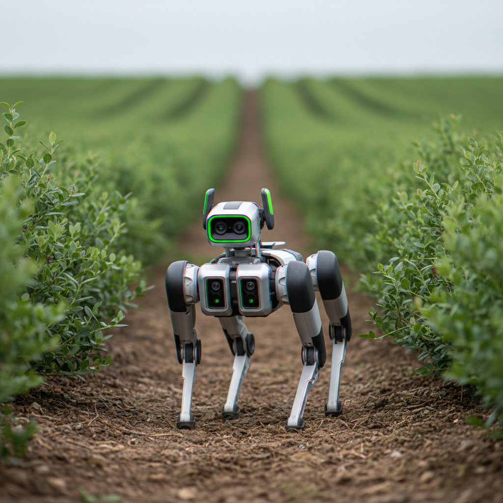 Perro robot autónomo monitorizando cultivos agrícolas con cámaras e IA