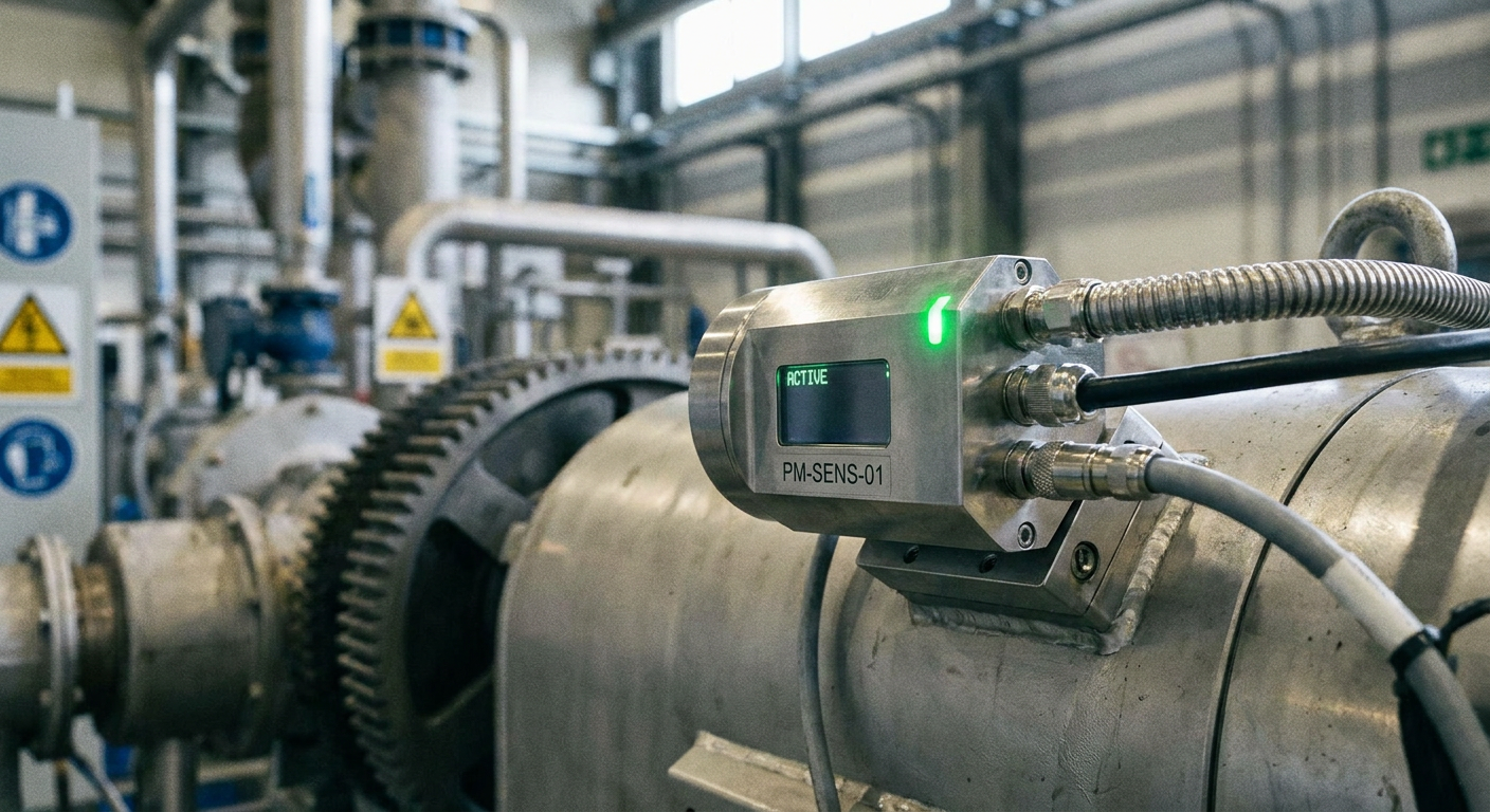 A close-up, photorealistic image of a sensor on a piece of industrial equipment.