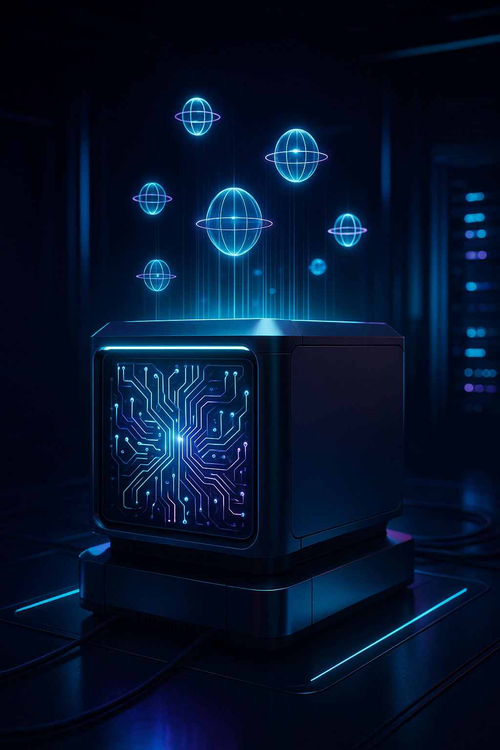 Computadora cuántica futurista con circuitos cuánticos brillantes