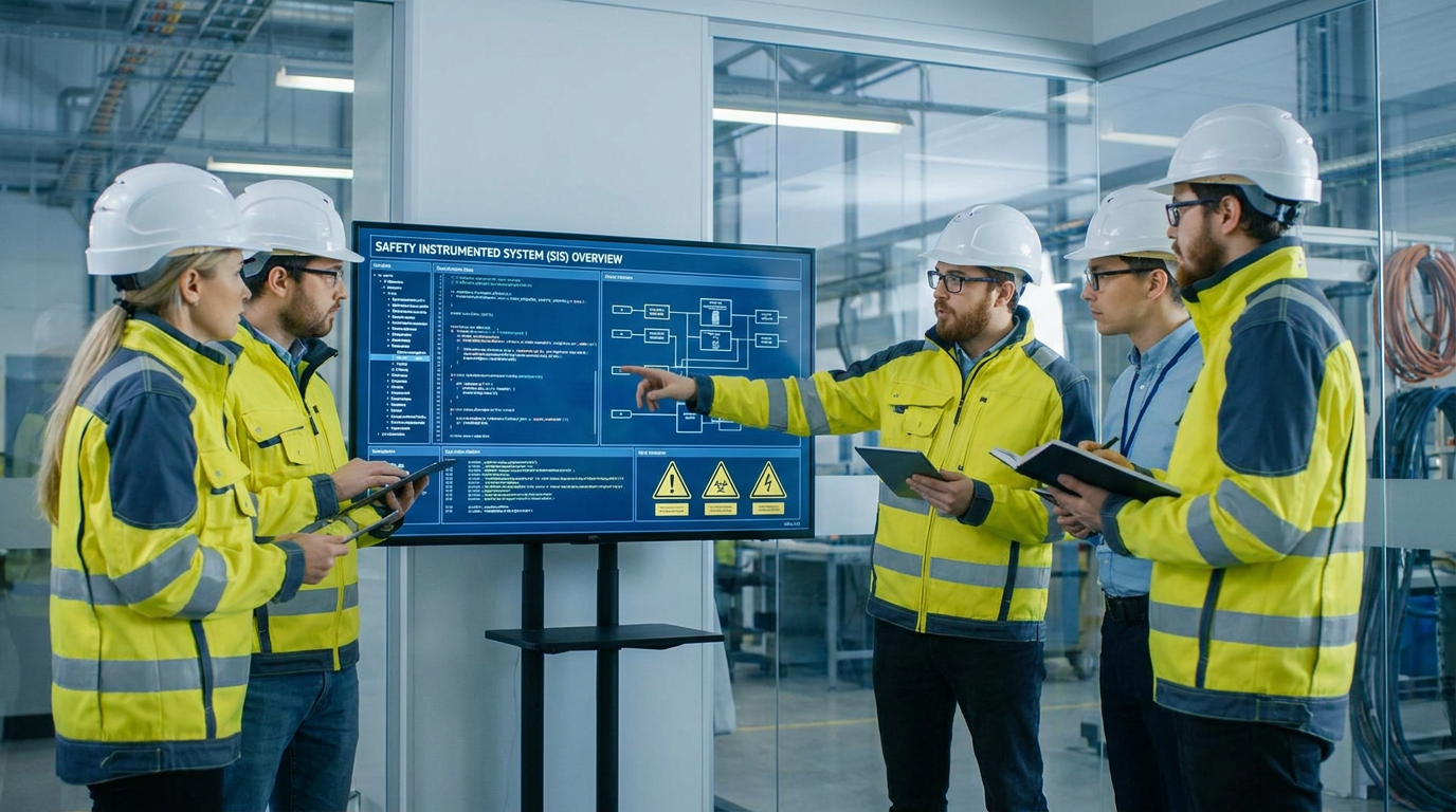 A team of engineers collaborating on a Safety Instrumented System (SIS) software validation.