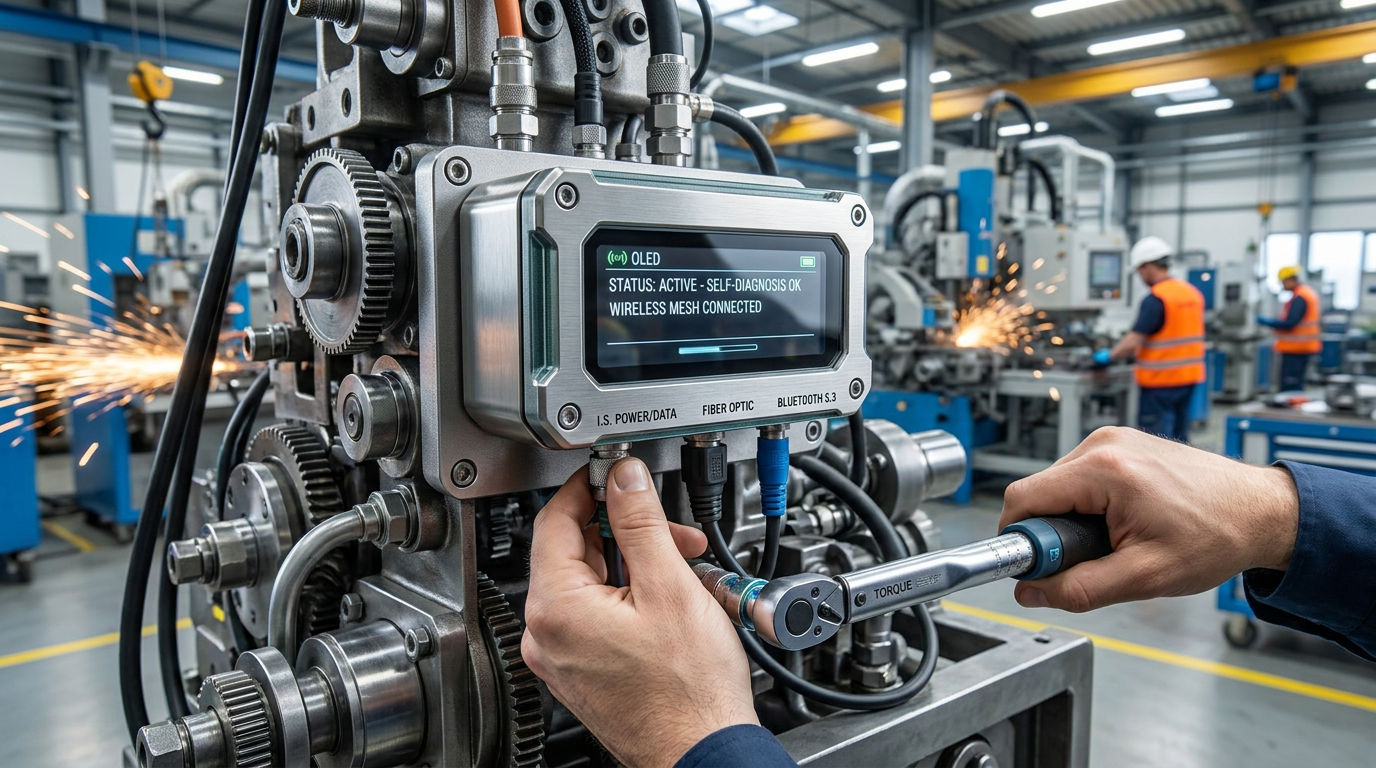 A close-up of a new, innovative intrinsically safe sensor being installed on a complex piece of industrial machinery.