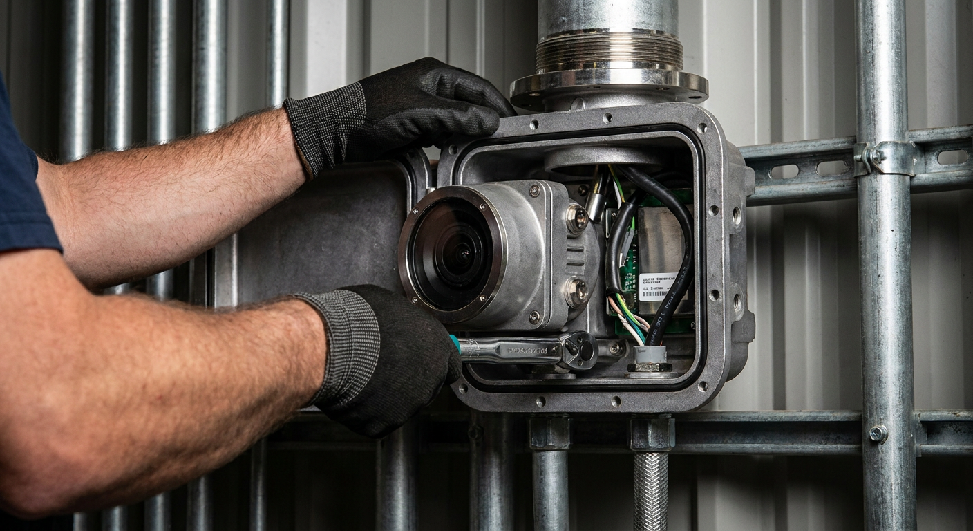 A technician installing a camera in an explosion proof housing