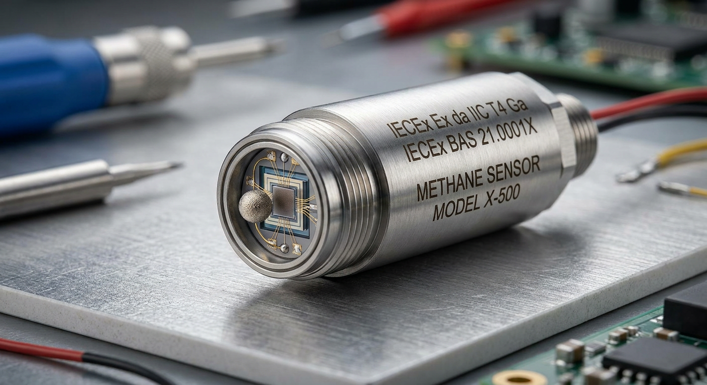 A detailed macro shot of an IECEx-certified methane sensor.