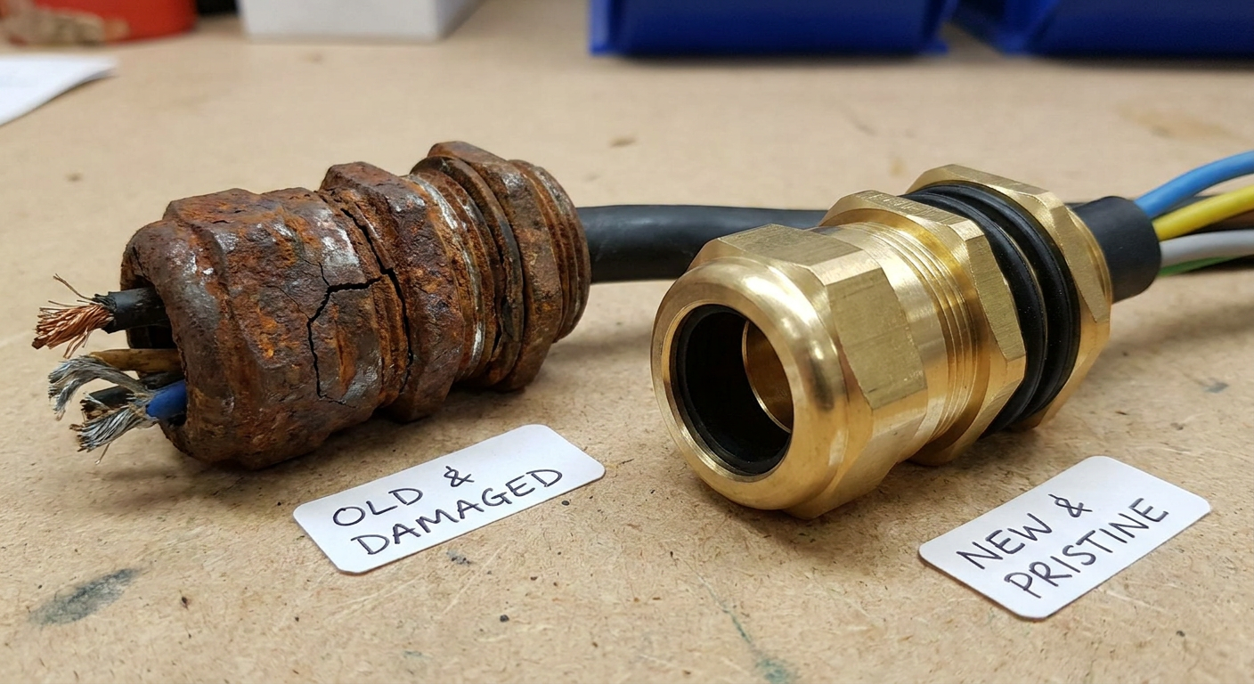 A close-up shot of a corroded and damaged cable gland next to a new, pristine one.