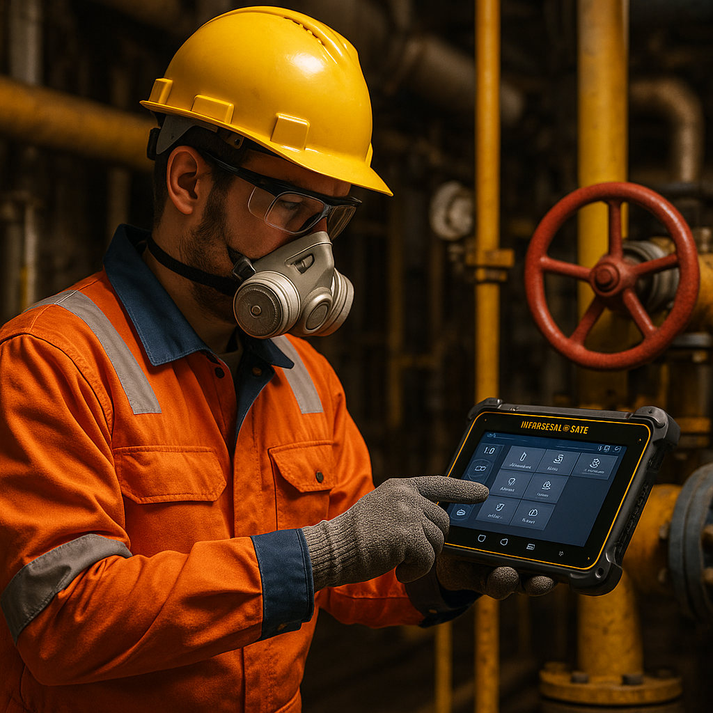 A worker using an intrinsically safe tablet in a hazardous environment