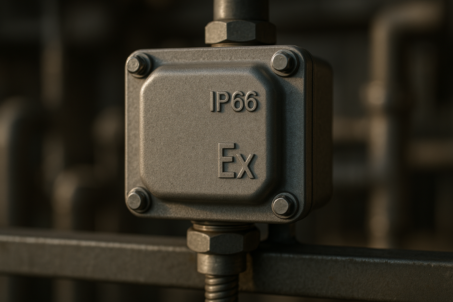 Technician inspecting explosion-proof enclosure with visible IP and IECEx markings