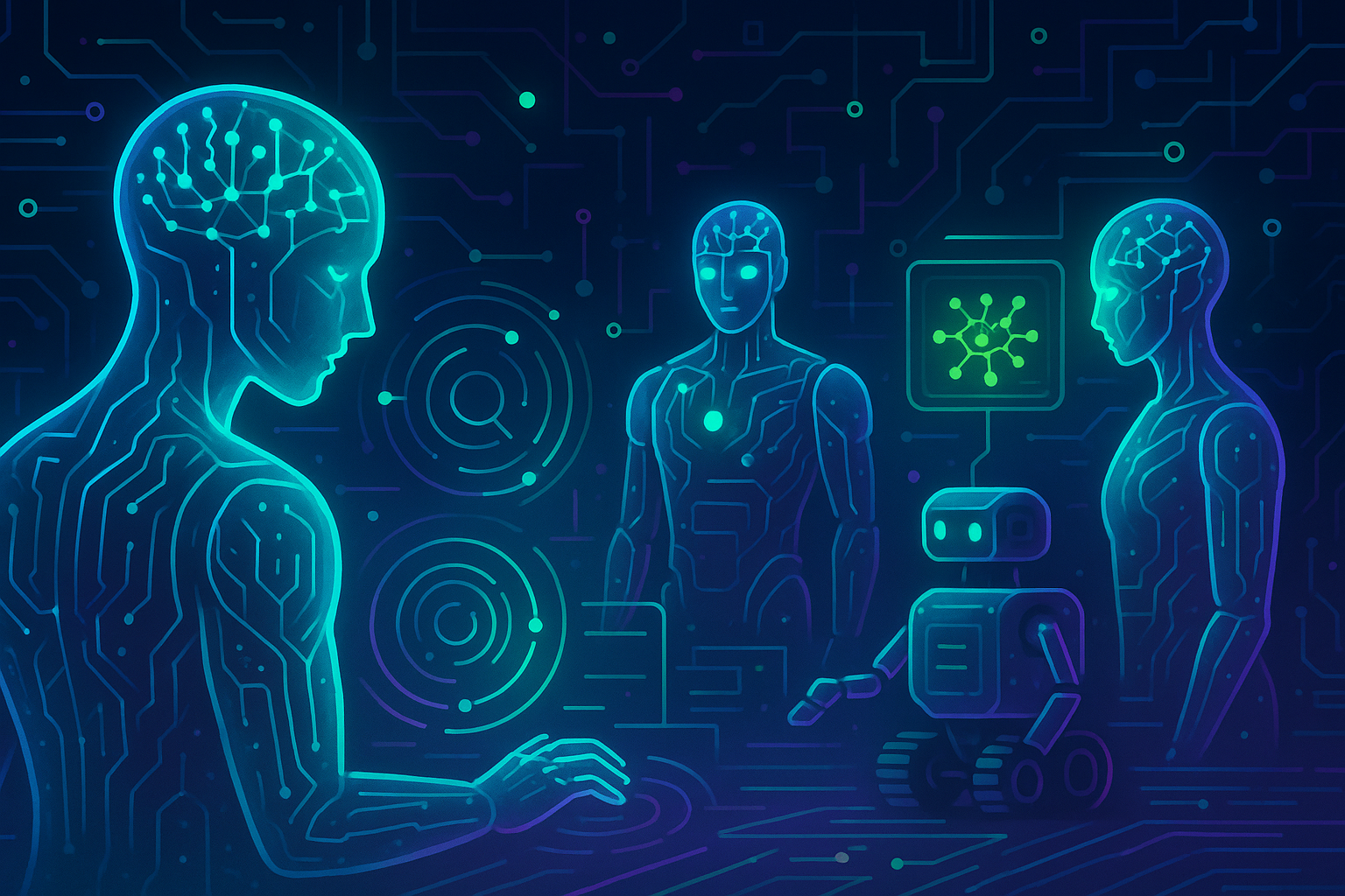 Agentes de IA autónomos trabajando en un entorno tecnológico futurista
