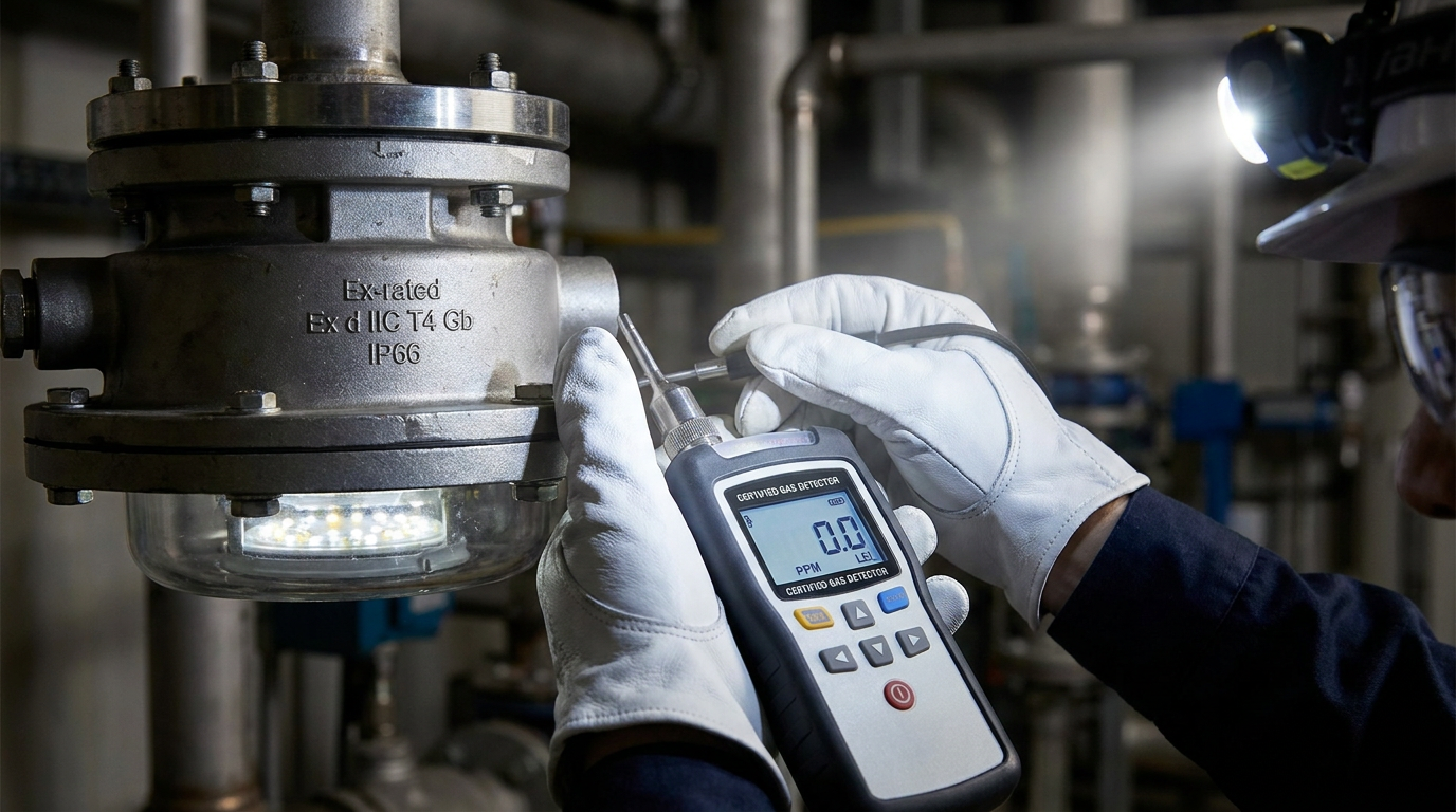 A close-up of a gas detector being used on an Ex-rated light fixture.