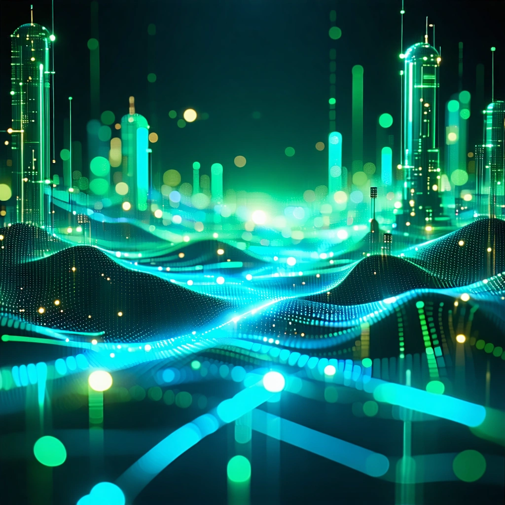 Visualización futurista de tecnología 6G con redes holográficas y elementos de computación cuántica